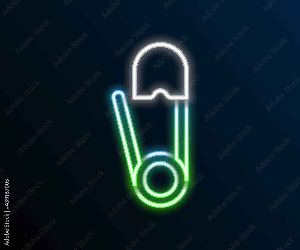 Glowing neon line Classic closed steel safety pin icon isolated on black background. Colorful outline concept. Vector Glowing neon line Classic closed steel safety pin icon isolated on black background. Colorful outline concept. Vector