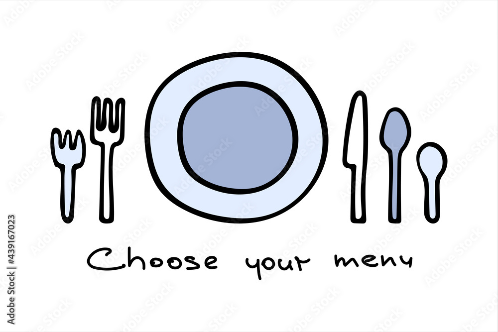 Set of cutlery and plates in doodle style. Plate, forks, knives and