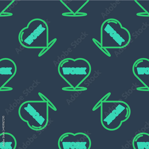 Line Heart with text work icon isolated seamless pattern on blue background. Vector