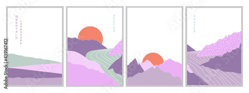 Set of vector illustrations posters mountain landscapes at sunset with river. Geometric landscape background in asian japanese style. Abstract symbol for print, poster, sticker, card design. 
