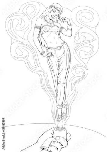 Genie girl in smoke from a smoking pipe. Printable adult coloring page.