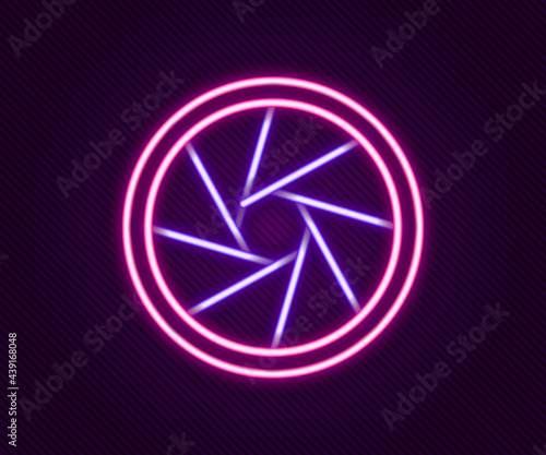 Glowing neon line Camera shutter icon isolated on black background. Colorful outline concept. Vector