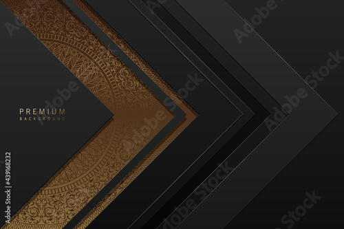 Vector abstract black layered background with dark golden pattern backdrop. Silk shine floral texture. Dark laminate material arrow shape