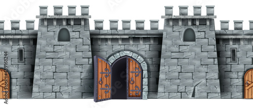 Castle stone wall, seamless medieval game background, opened wooden city gate, old door, loopholes. Brick fortress illustration, town entrance fortification isolated clipart. Ancient gray castle wall