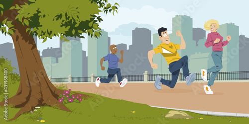 People run in park. Rest on nature. Illustration for internet and mobile website.