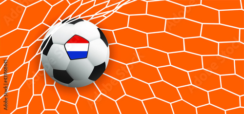 the Netherlands flag. Goal net texture for ball in goal. Soccer ball or football net pattern. Vector orange background banner. Sport finale game. Holland, dutch  supporters 2020, 2021, 2022