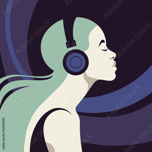 Profile of a young woman listens to the music on the headphones. Music therapy. The musician avatar. Side view. Vector flat illustration