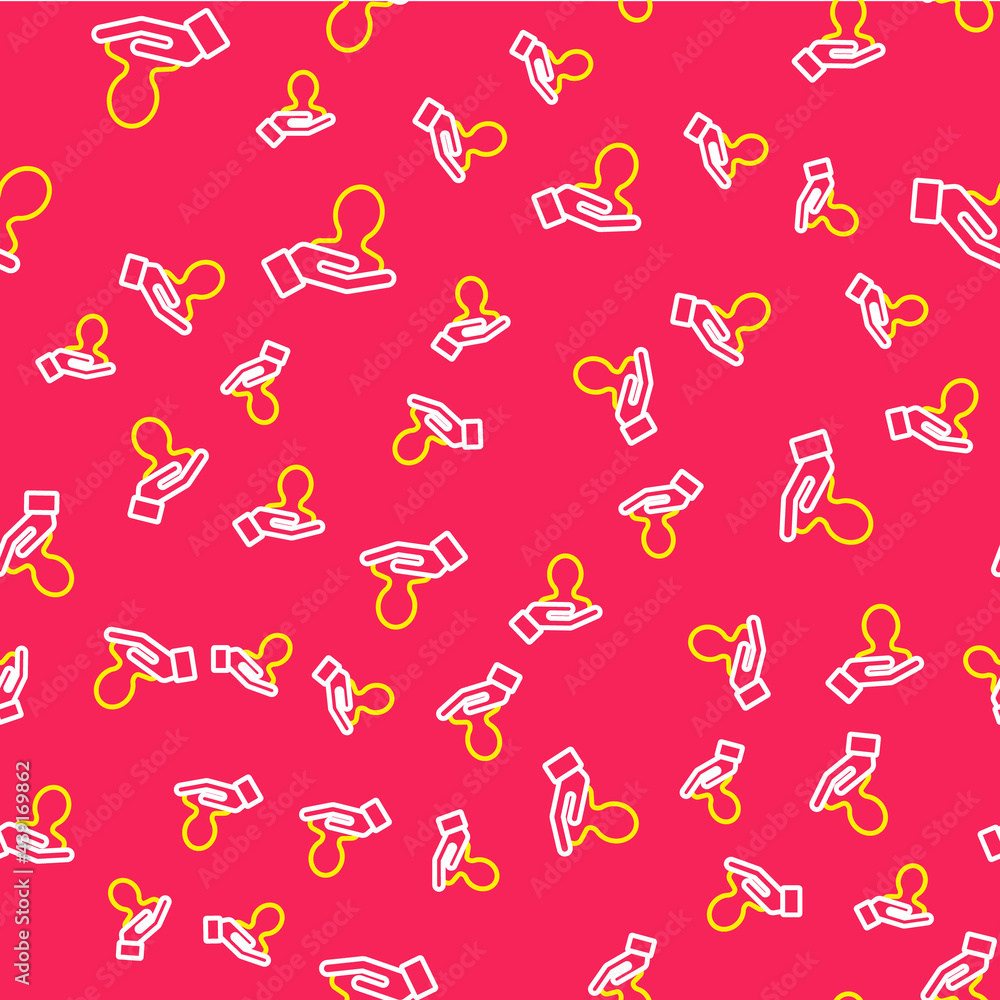 Line Hand for search a people icon isolated seamless pattern on red background. Recruitment or selection concept. Search for employees and job. Vector