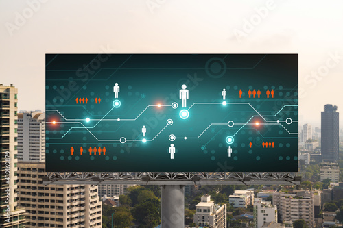 Glowing Social media icons on road billboard over panoramic city view of Bangkok, Southeast Asia. The concept of networking and establishing new connections between people and businesses. photo