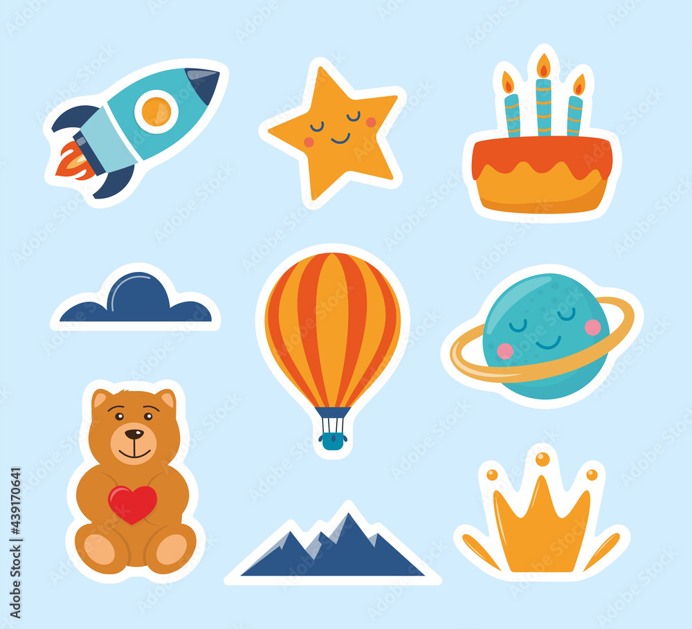 Cute kids stickers: rocket, star, planet, teddy bear, cloud, cake, aerostat. Cartoon illustration for children's sticker. Colorful vector illustration. Cute kids stickers: rocket, star, planet, teddy bear, cloud, cake, aerostat. Cartoon illustration for children's sticker. Colorful vector illustration.