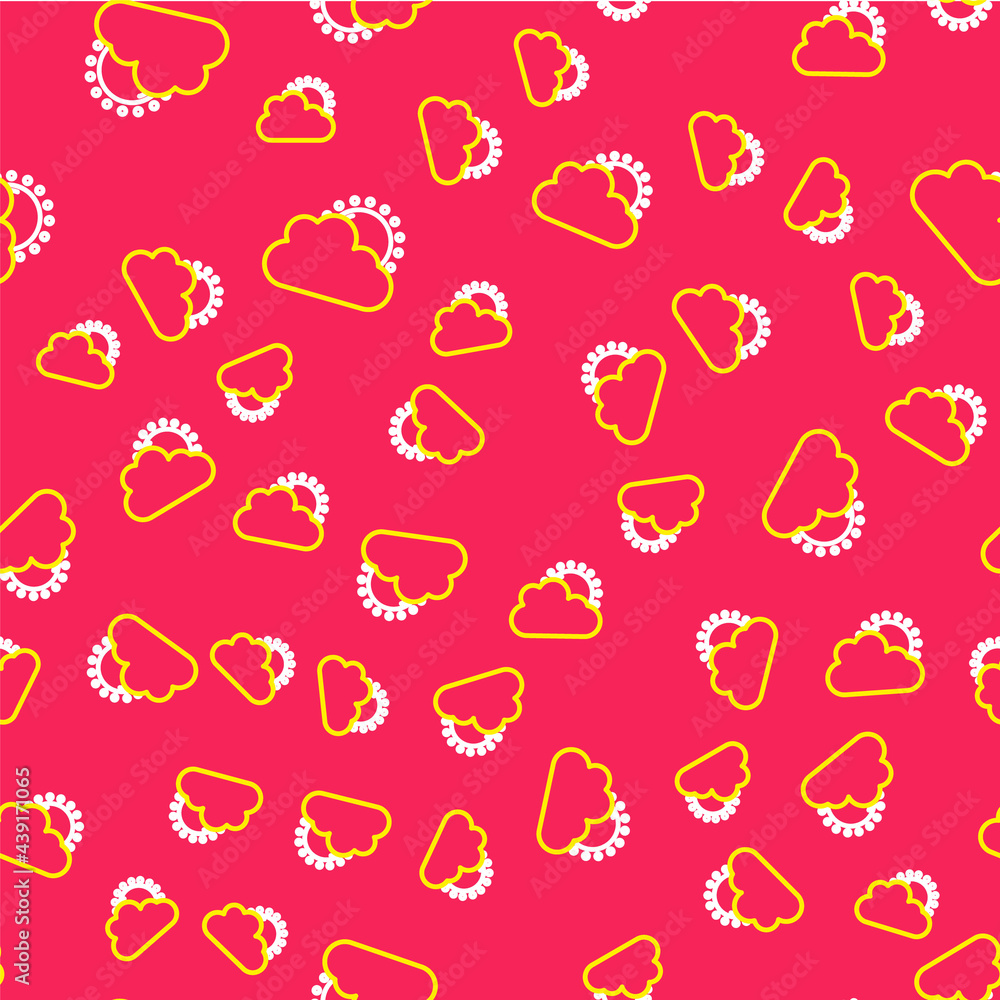 Naklejka premium Line Sun and cloud weather icon isolated seamless pattern on red background. Vector