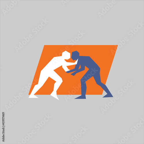 two abstract silhouettes wrestlers, in a scrum. colored sign.