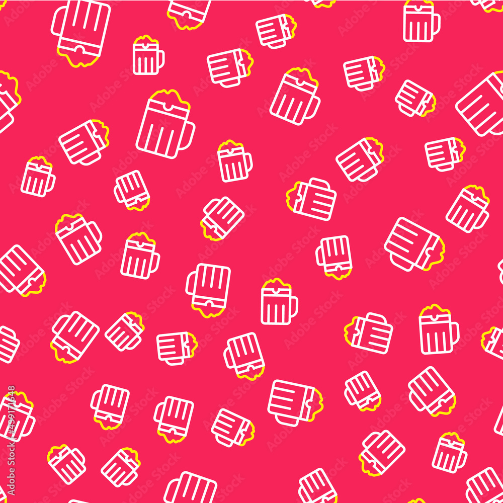Line Wooden beer mug icon isolated seamless pattern on red background. Vector Line Wooden beer mug icon isolated seamless pattern on red background. Vector