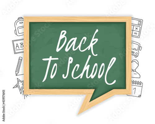 Back to school text on green blackboard with hand drawn icons around it