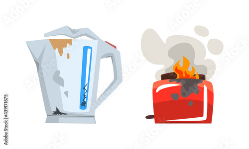 Damaged Home Appliances Set, Broken Kettle and Burning Toaster Cartoon Vector Illustration