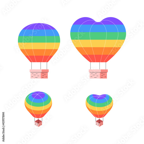 Hot air balloons with rainbow pride flags. Isometric and flat rainbow aerostats. Collection of organic flat illustrations