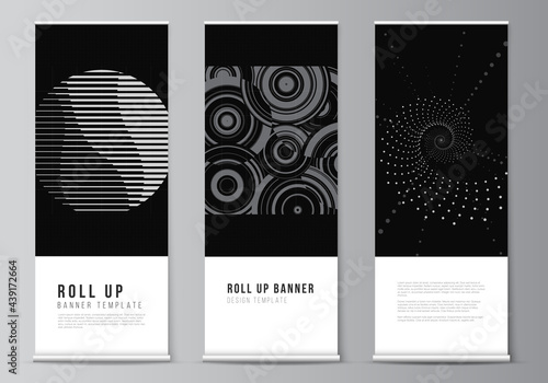 Vector layout of roll up mockup templates for vertical flyers, flags design templates, banner stands, advertising. Abstract technology black color science background. Digital data. High tech concept.