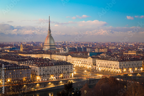 Turin, Italy. Panorama from Monte dei Cappuccini (Cappuccini's Hill) at sunset with Alps mountains and Mole Antonelliana © Paolo Gallo