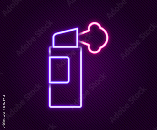 Glowing neon line Pepper spray icon isolated on black background. OC gas. Capsicum self defense aerosol. Colorful outline concept. Vector