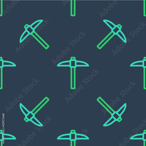 Line Pickaxe icon isolated seamless pattern on blue background. Blockchain technology, cryptocurrency mining, bitcoin, digital money market, cryptocoin wallet. Vector