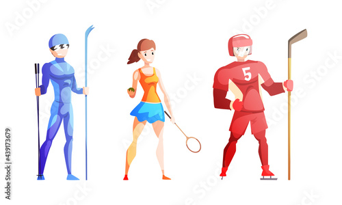 Professional Athletes Doing Sports Set, Male Skier, Hockey Player, Girl Tennis Player Cartoon Vector Illustration