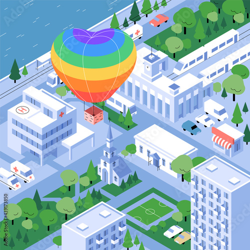 Heart shaped rainbow hot air balloon above the city landscape. Isometric downtown flat illustration. Pride month