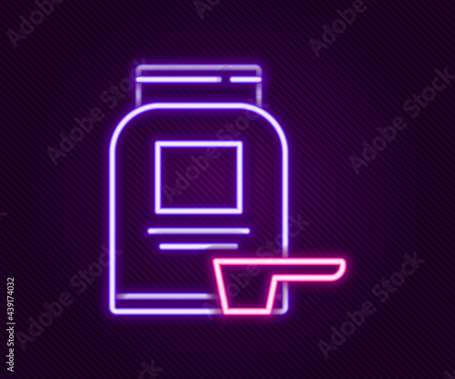 Glowing neon line Sports nutrition bodybuilding proteine power drink and food icon isolated on black background. Colorful outline concept. Vector