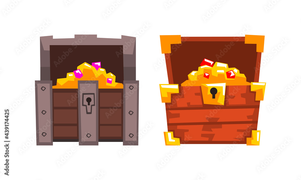 Treasure Wooden Brown Chests Set, Opened Old Pirate Dower Chest with Gold Cartoon Vector Illustration Treasure Wooden Brown Chests Set, Opened Old Pirate Dower Chest with Gold Cartoon Vector Illustration