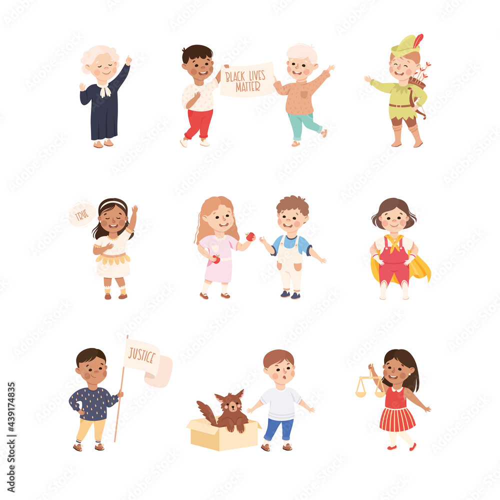 Kind and Fair Little Children Doing Justice and Engaged in Honest Behavior Vector Set Kind and Fair Little Children Doing Justice and Engaged in Honest Behavior Vector Set