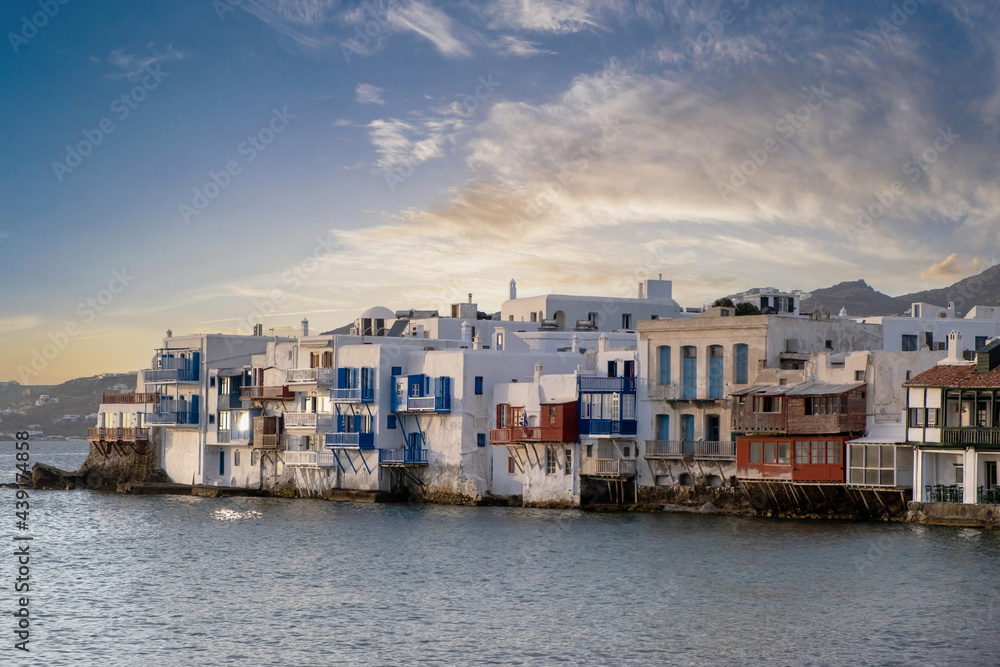 Obraz premium Little Venice at sunrise. Mykonos island Aegean Sea. Cyclades Greece.