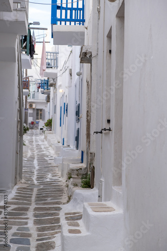 Mykonos, Greece. Traditional buildings and narrow streets, white and blue color
