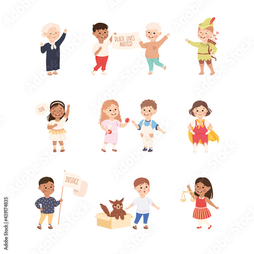 Kind and Fair Little Children Doing Justice and Engaged in Honest Behavior Vector Set