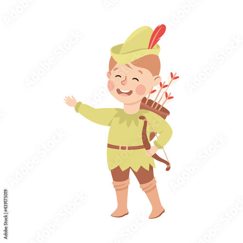 Kind and Fair Little Boy Wearing Robin Hood Costume Fighting for Justice Vector Illustration