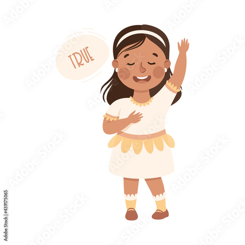Kind and Fair Little Girl with Hand on Heart Telling Truth Vector Illustration
