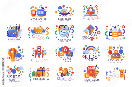 Set of Kids Club Logo Templates Original Design, Kids Land Colorful Labels, Badges Flat Vector Illustration