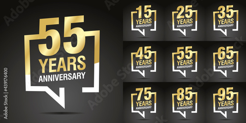 Set of Anniversary vector creative design emblems with speech brackets numbers golden color for celebration event, invitation, greeting, web template, leaflet and booklet