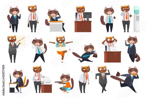 Big Set of Businessman Cat in Different Situations Set, Funny Humanized Animal Character in Business Outfit Cartoon Vector Illustration