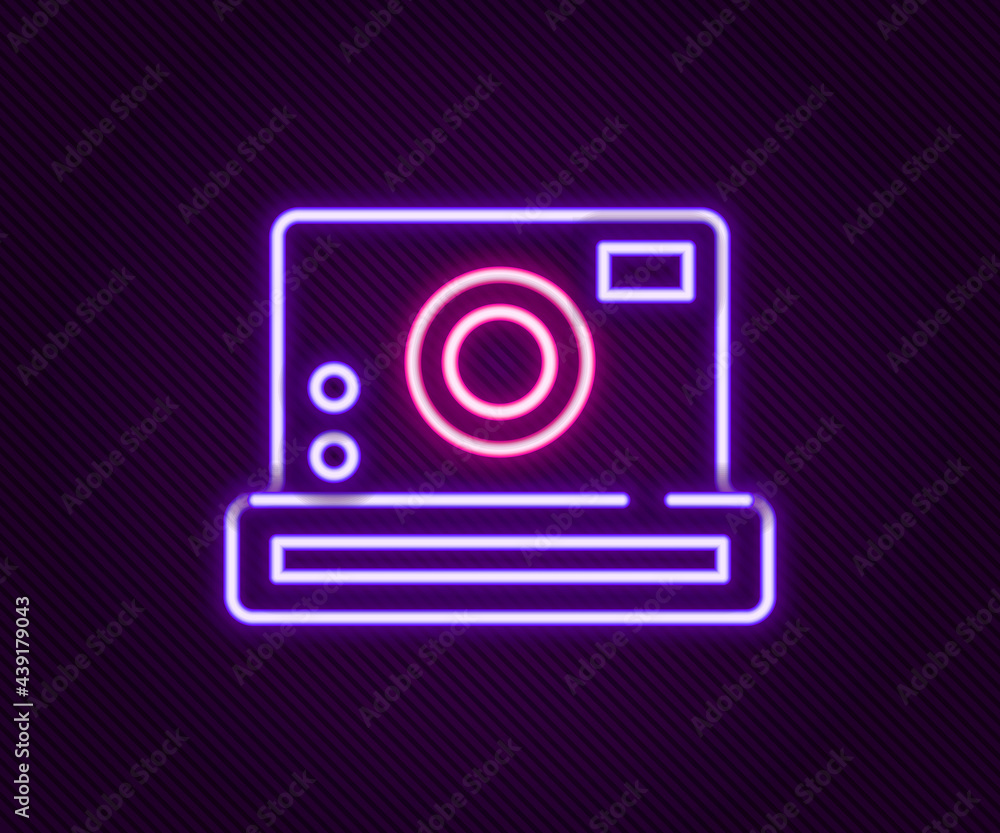 Glowing neon line Photo camera icon isolated on black background. Foto camera icon. Colorful outline concept. Vector Glowing neon line Photo camera icon isolated on black background. Foto camera icon. Colorful outline concept. Vector
