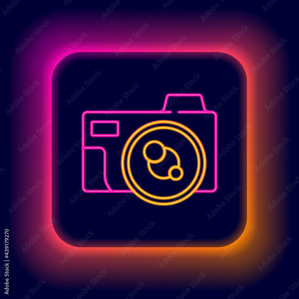 Glowing neon line Photo camera icon isolated on black background. Foto camera icon. Colorful outline concept. Vector Glowing neon line Photo camera icon isolated on black background. Foto camera icon. Colorful outline concept. Vector