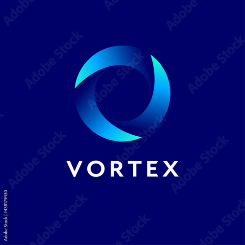 Vortex logo. Blue emblem. O monogram. Dynamic swirl. Emblem for business, internet, online shop, label or packaging.
