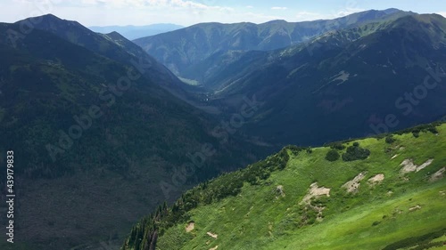 Mountain landscape on the border of Poland and Slovakia. Tatra National Park. View from the mountain range on a sunny summer day.