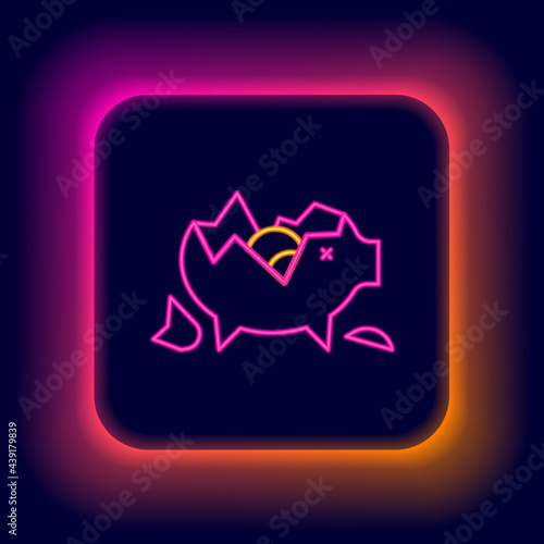 Glowing neon line Broken piggy bank icon isolated on black background. Icon saving or accumulation of money, investment. Colorful outline concept. Vector