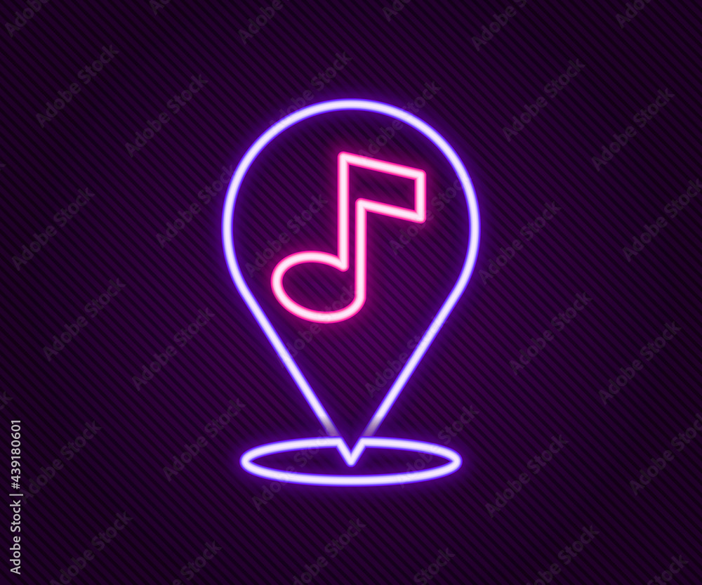 Glowing neon line Location musical note icon isolated on black background. Music and sound concept. Colorful outline concept. Vector Glowing neon line Location musical note icon isolated on black background. Music and sound concept. Colorful outline concept. Vector