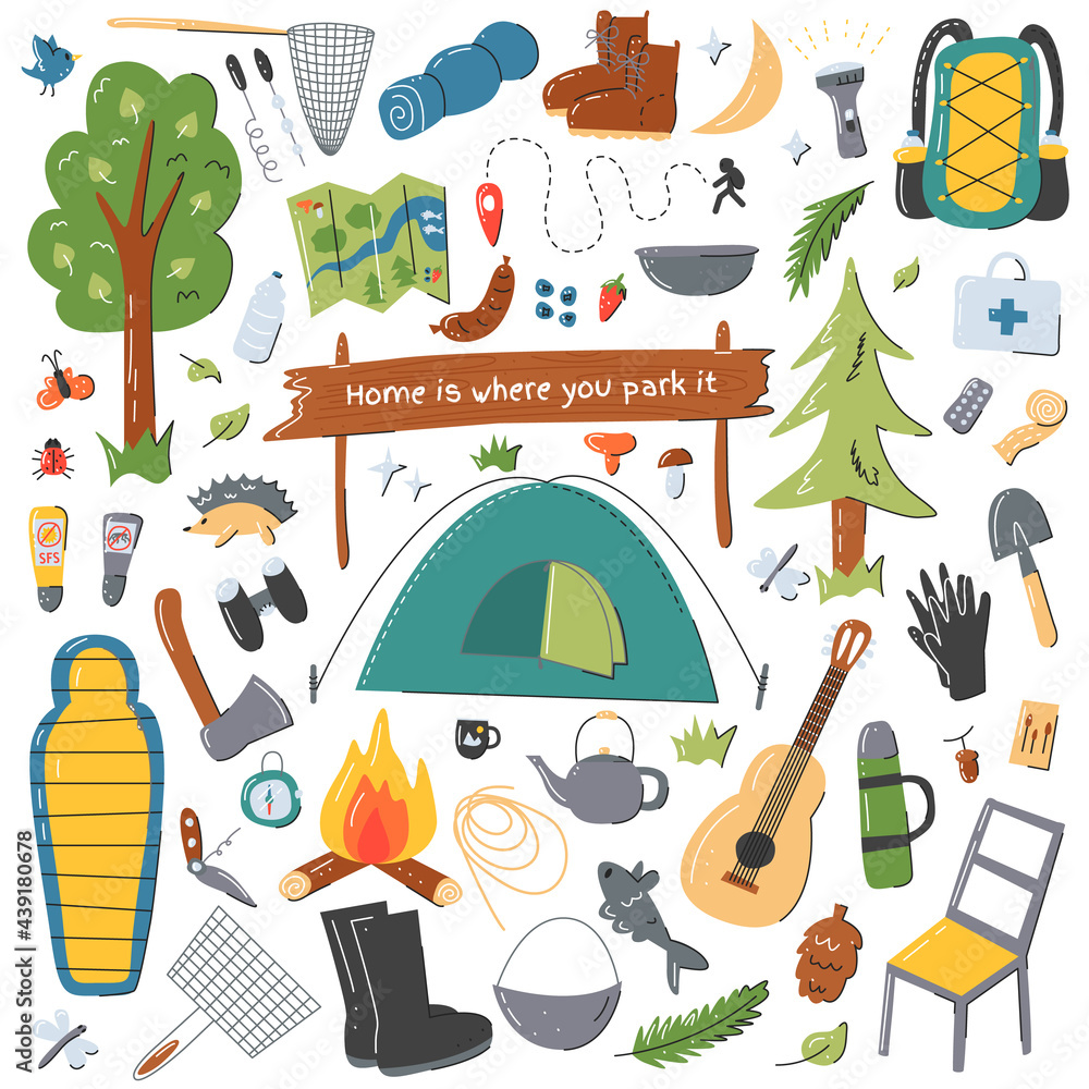 Fototapeta premium Camping equipment elements set isolated on white. Wanderlust collection including tent, sleeping bag, guitar, backpack, animals, boots, kit aid, binoculars, dishware, compass. Vector flat illustration