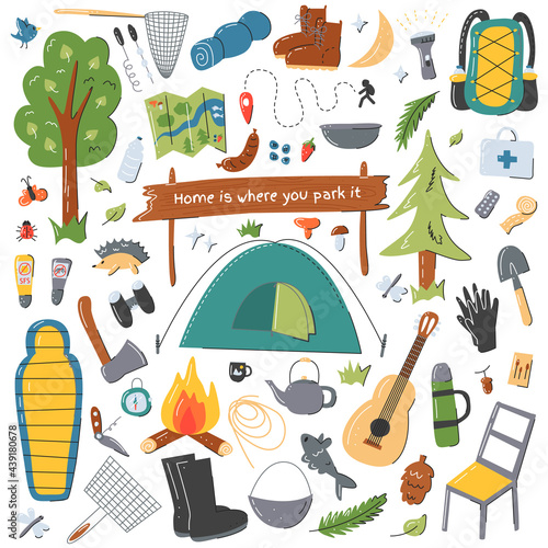Camping equipment elements set isolated on white. Wanderlust collection including tent, sleeping bag, guitar, backpack, animals, boots, kit aid, binoculars, dishware, compass. Vector flat illustration