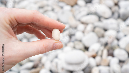 White stone beach. Hand holding white decorative rock. White stone background