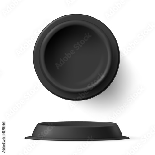 Set of black pet bowl vector illustration in realistic style. Metal plate for domestic animal eat
