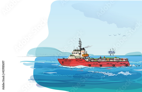 Supply ship against the shore. Hand drawn colored sketch illustration