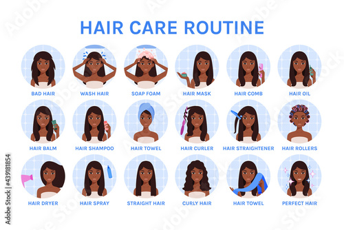 Beautiful African American Black Woman Washes her hair. Pretty Girl does her Hairstyle.Treatment, Procedure and Hair Care. Set. Flat Cartoon Color Style. White background. Vector stock illustration.