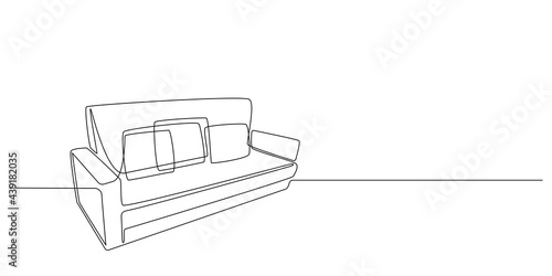 Sofa in one Continuous line drawing. Interior with couch in simple linear style. Editable stroke. Vector illustration